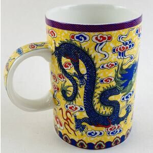 Vintage China Xinag-Long Art Ceramics Dragon Hand Painted Mug Blue Yellow Red
